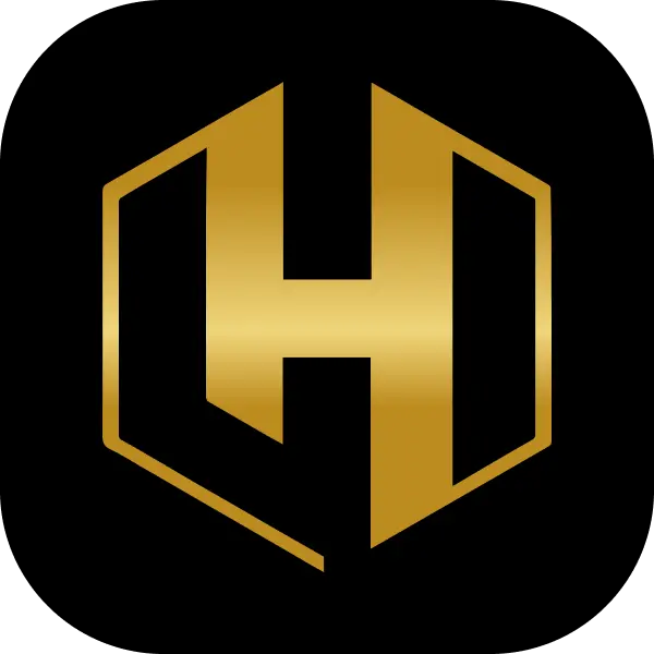 Un emblème hexagonal doré arbore en son centre la lettre « H » stylisée sur fond noir. Ce design évoque l'élégance et la modernité.