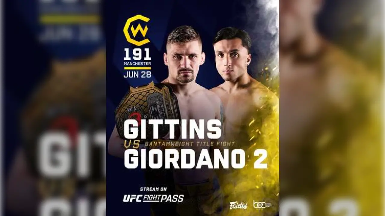Deux combattants se tiennent debout, l'un tenant une ceinture de champion. Le texte annonce « Gittins vs. Giordano 2 », annonçant un combat pour le titre des poids coq le 28 juin à Manchester. Un ton audacieux et intense.