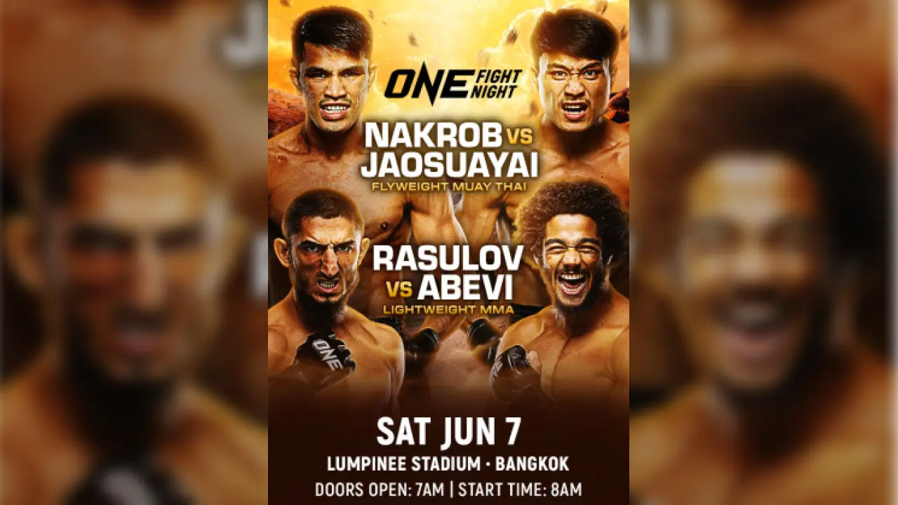 Affiche promotionnelle pour ONE Fight Night présentant des portraits de combattants intenses. Au programme : Nakrob contre Jaosuayai et Rasulov contre Abevi. Détails de l'événement : 7 juin, stade du Lumpinee, Bangkok, ouverture des portes à 7 h, début à 8 h. Ambiance intense et compétitive.