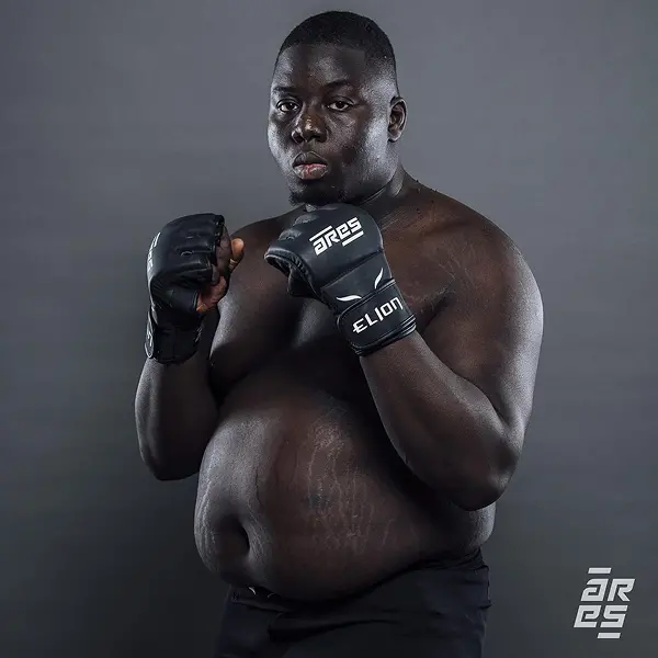 Un homme musclé, torse nu et portant des gants de MMA, prend une pose de combat sur fond gris. Son expression est concentrée et déterminée.
