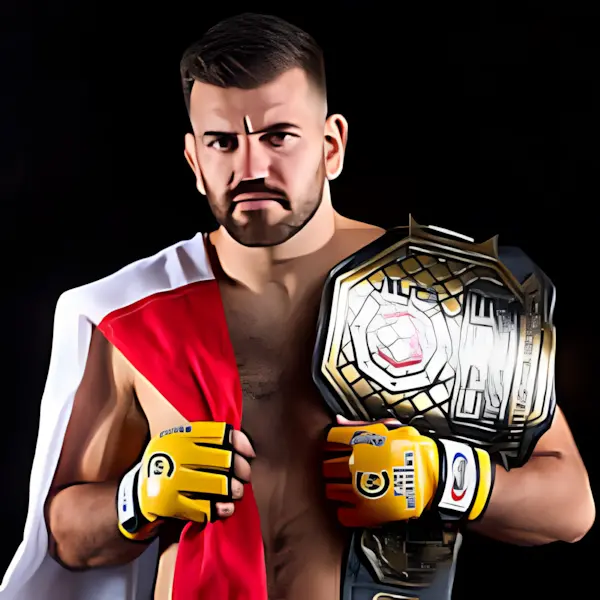 Un combattant déterminé, portant des gants jaunes et une ceinture de champion, pose avec assurance. Drapé dans un drapeau rouge et blanc, le spectacle respire la force et la victoire.