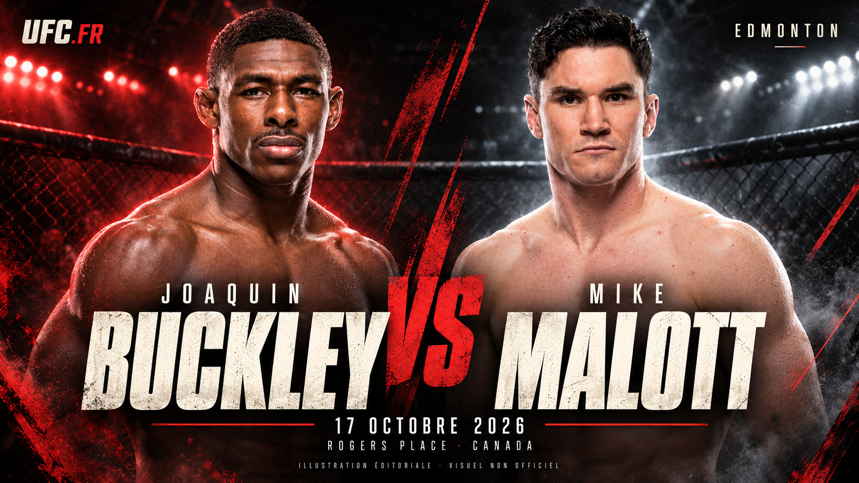 Affiche éditoriale non officielle : Joaquin Buckley face à Mike Malott, UFC Edmonton, 17 octobre 2026