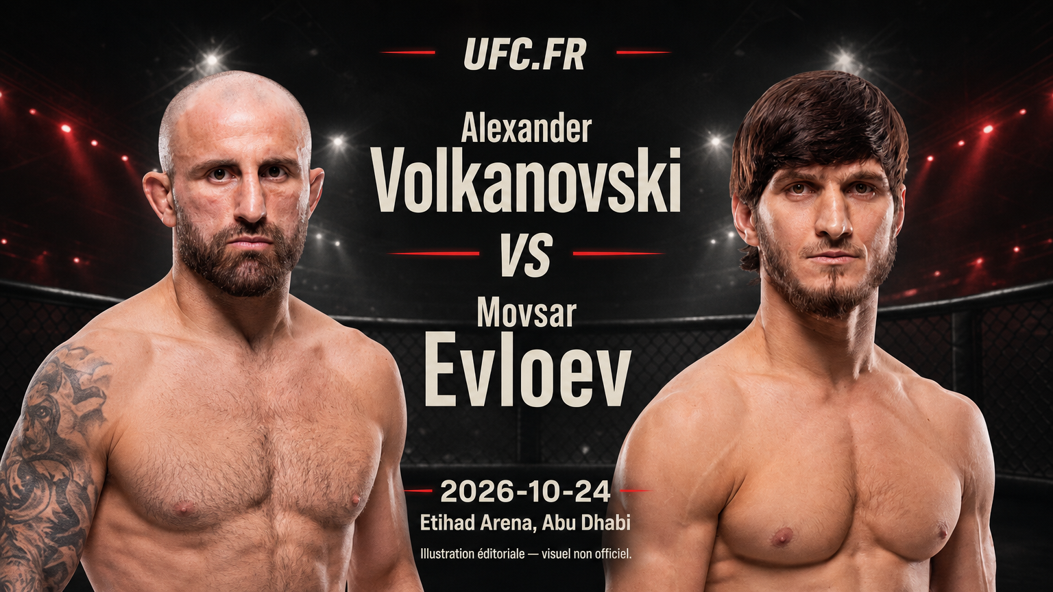 Illustration éditoriale non officielle : Alexander Volkanovski contre Movsar Evloev, 2026-10-24