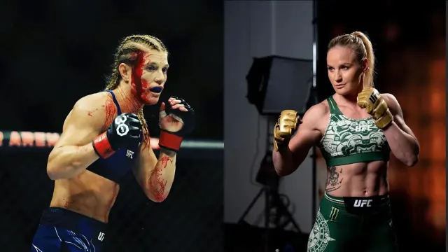 Image divisée : à gauche, une combattante, le visage ensanglanté, participe à un combat UFC et semble déterminée. À droite, une combattante concentrée pose en tenue UFC.