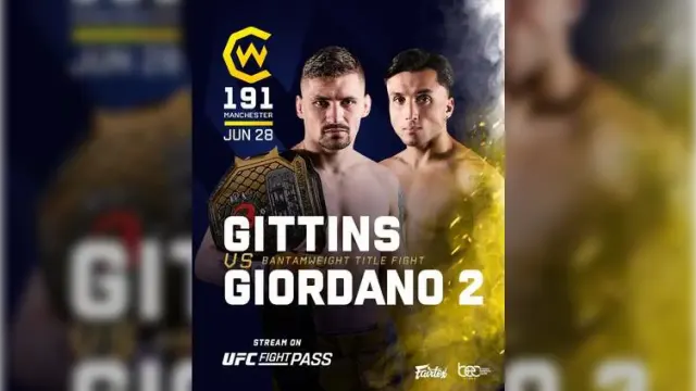 Deux combattants se tiennent debout, l'un tenant une ceinture de champion. Le texte annonce « Gittins vs. Giordano 2 », annonçant un combat pour le titre des poids coq le 28 juin à Manchester. Un ton audacieux et intense.