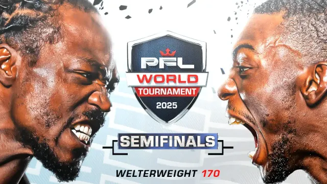 Deux combattants s'affrontent avec agressivité, les dents serrées, ce qui souligne la tension. Le texte indique : « Tournoi mondial PFL 2025, demi-finales, poids welters 170 ».